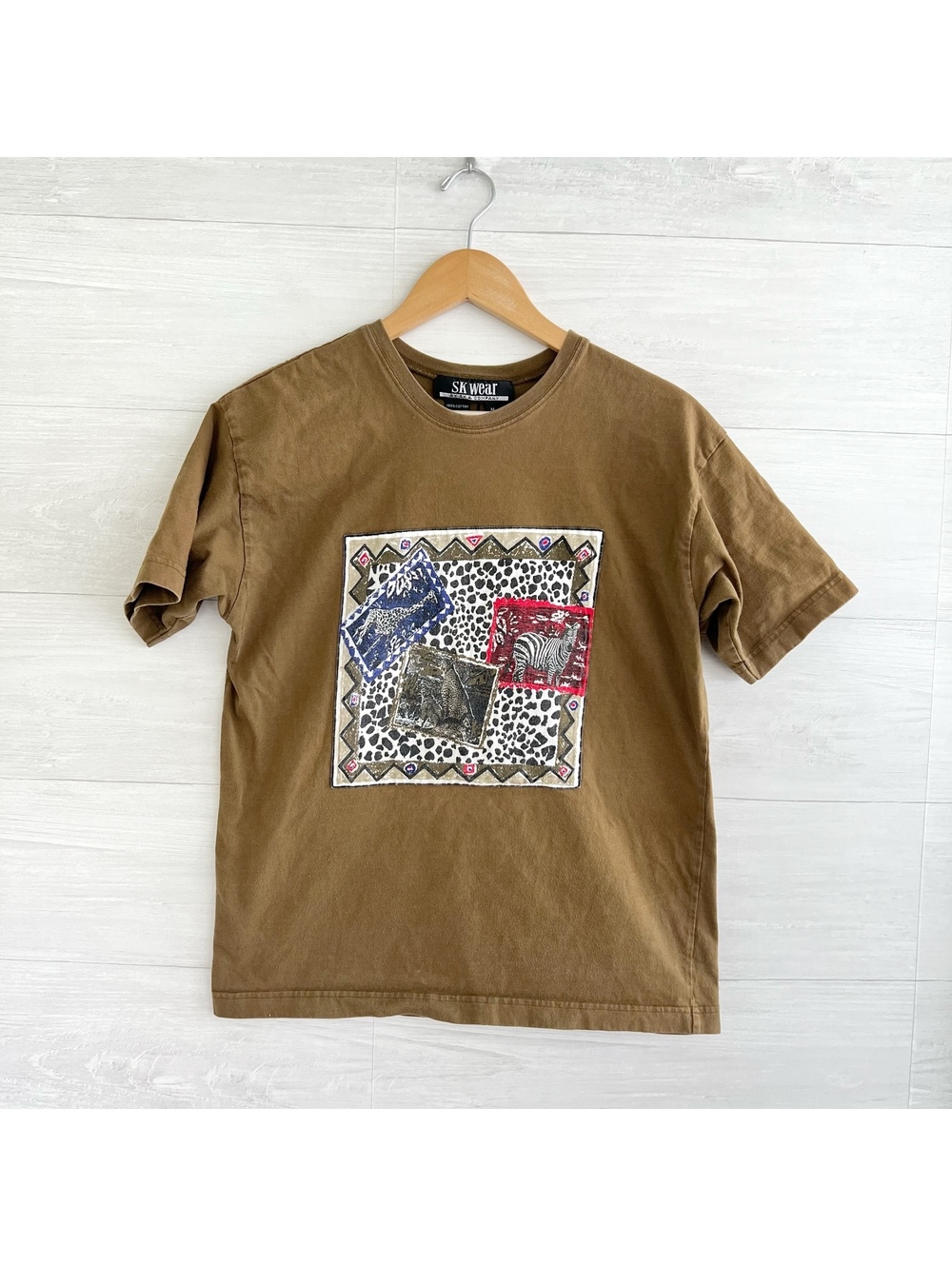 Vintage 90s SK Wear Safari Animal Graphic T Shirt Brown Zebra Leopard M